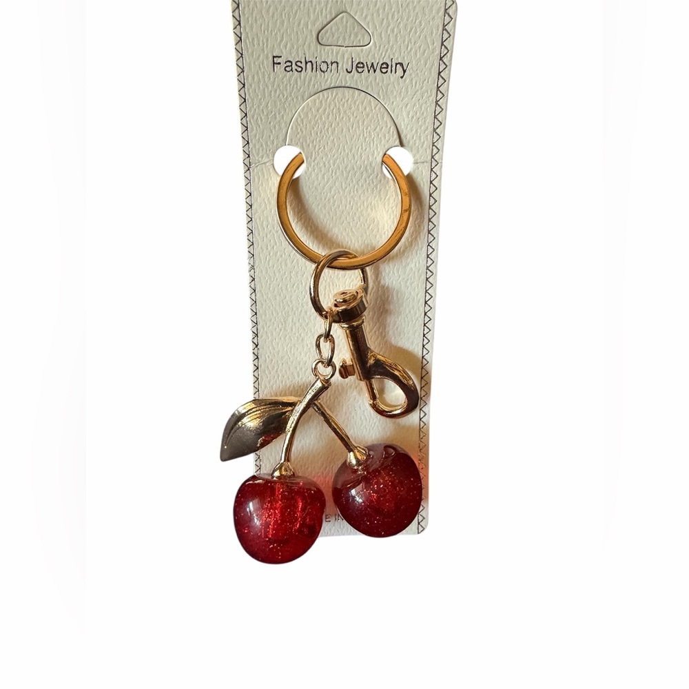 Gold Cherry Keychain Bag Charm - Red Cherries